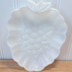 Two White milk-glass Grape Leaf Serving Dishes